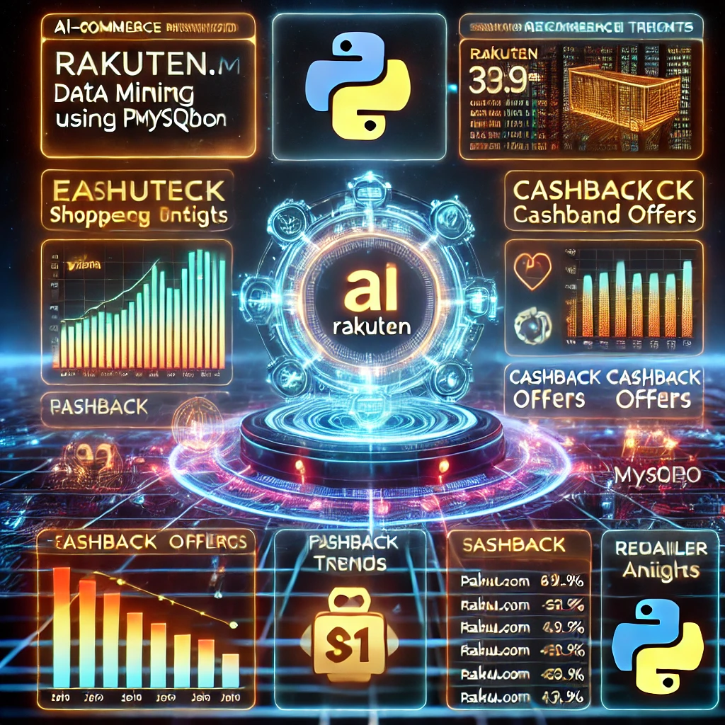 A futuristic AI powered data mining interface showcasing insights from Rakuten.com using Python and MySQL