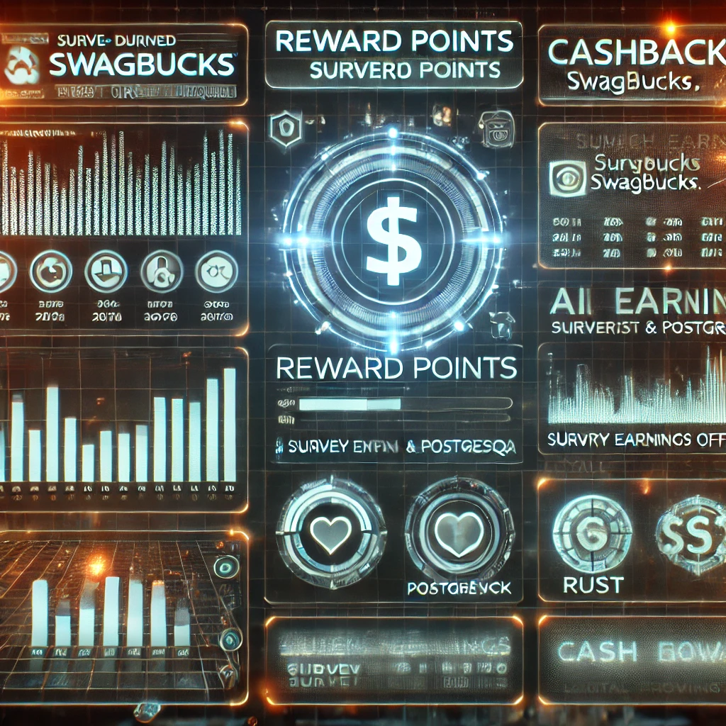 A futuristic analytics dashboard displaying reward points data from Swagbucks.com using Rust and PostgreSQL