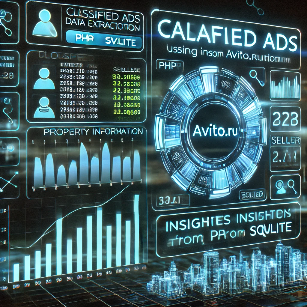 A futuristic classified ads data extraction interface showcasing insights from Avito.ru using PHP and SQLite