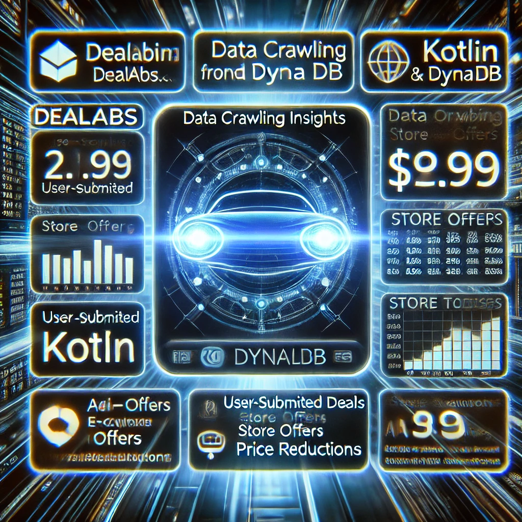 A futuristic dashboard displaying data crawling insights from Dealabs.com using Kotlin and DynamoDB