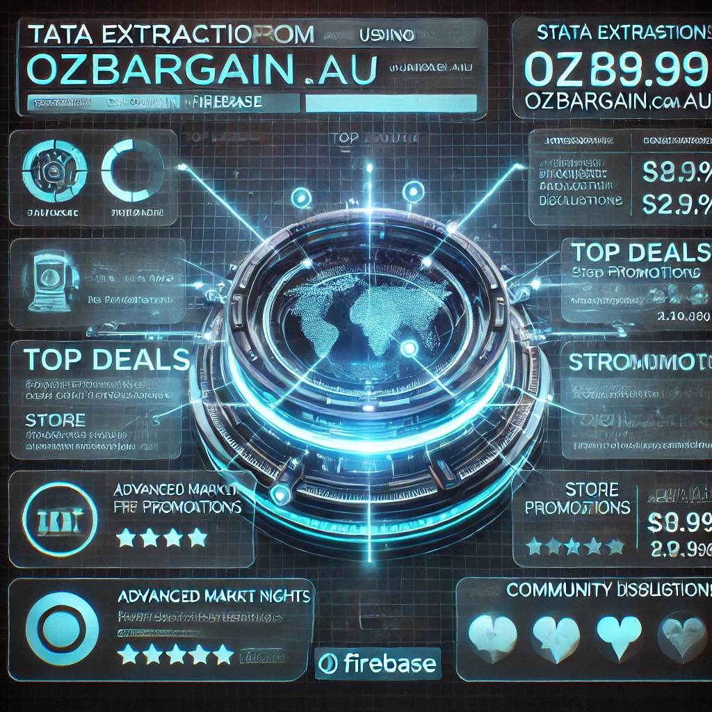 A futuristic dashboard showcasing data extraction from OzBargain.com.au using JavaScript and Firebase