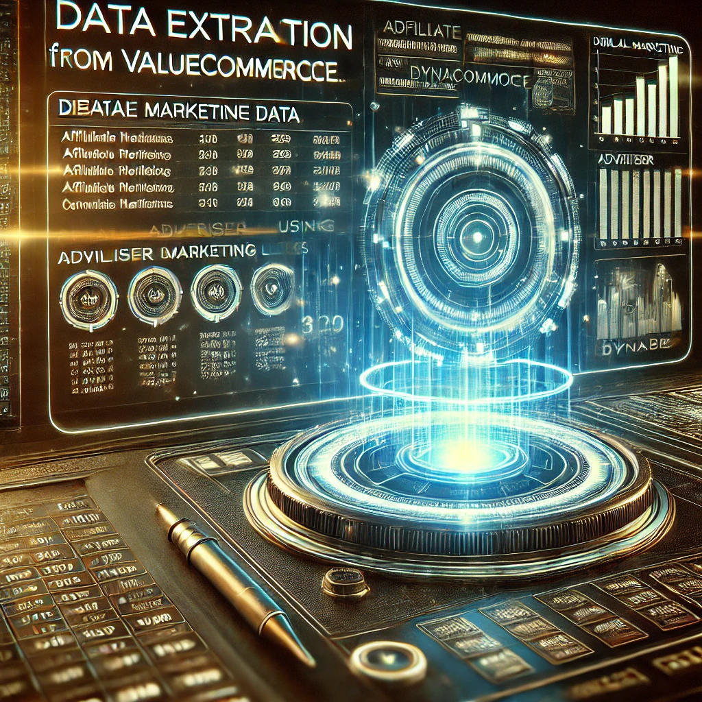 A futuristic dashboard showcasing data extraction from ValueCommerce.com using Rust and DynamoDB