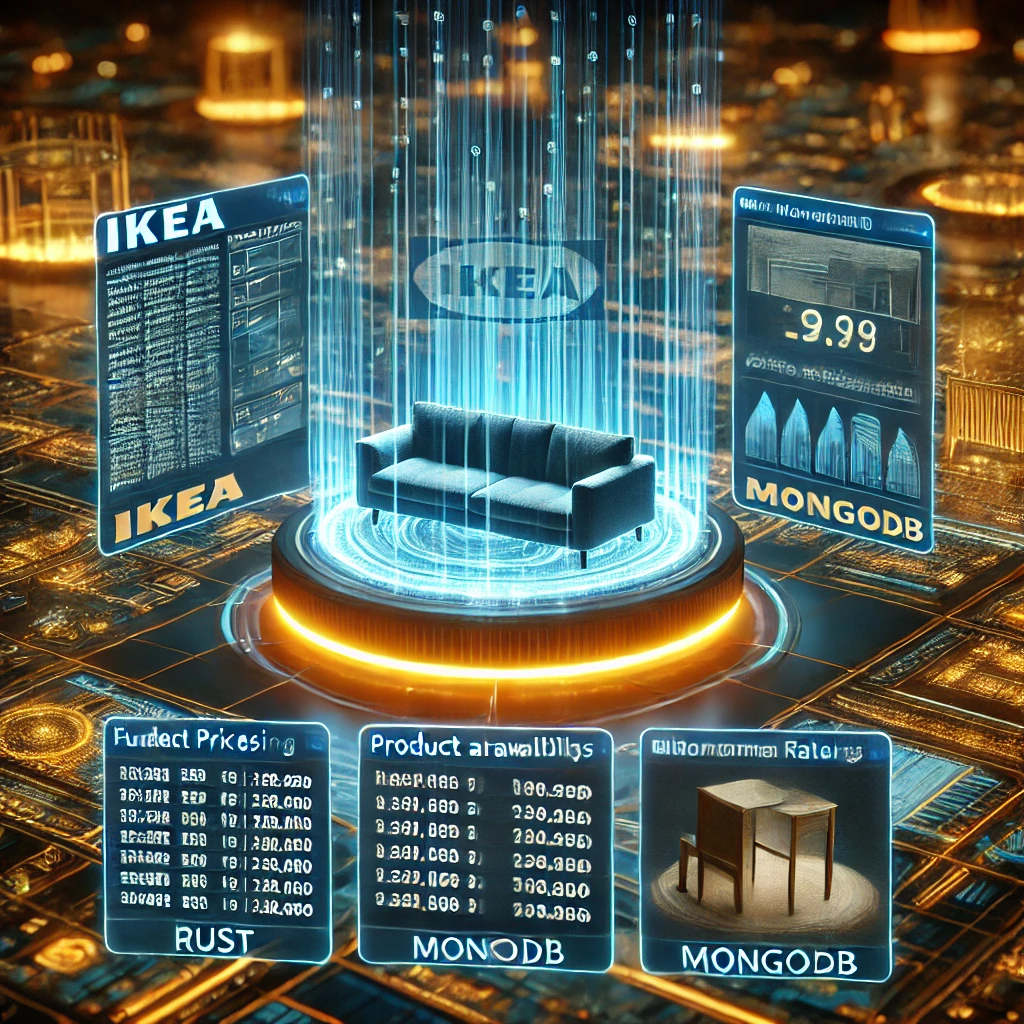 A futuristic data crawling dashboard visualizing IKEA product insights using Rust and MongoDB. The glowing interface displays furniture prices produc