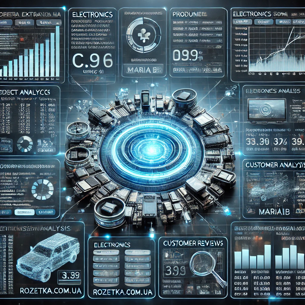 A futuristic data extraction interface showcasing insights from Rozetka.com .ua using C and MariaDB