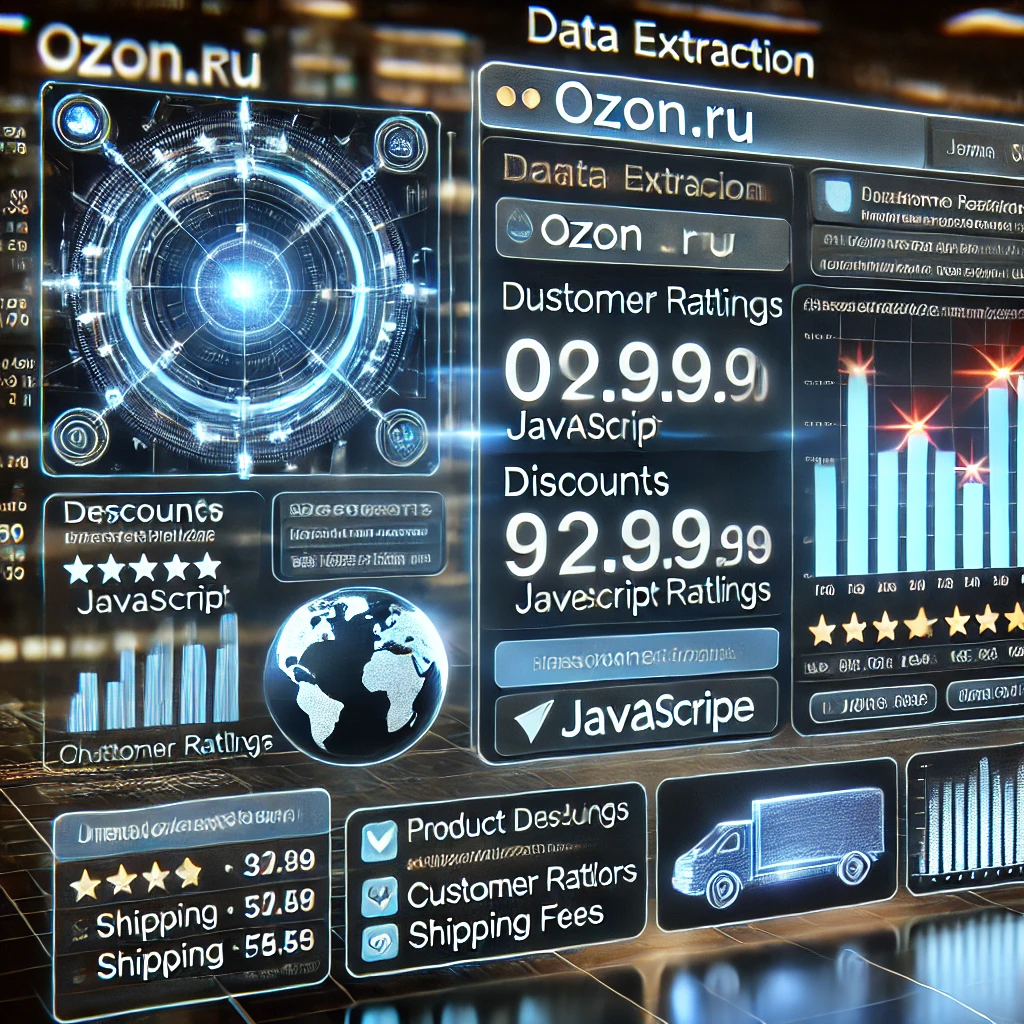 A futuristic data extraction interface showing insights from Ozon.ru using JavaScript and Firebase