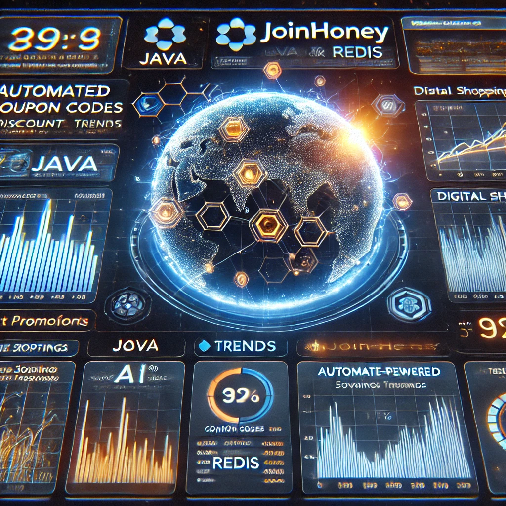 A futuristic data scraping interface visualizing insights from JoinHoney.com using Java and Redis