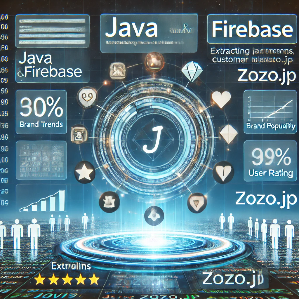 A futuristic digital data harvesting process, showcasing Java and Firebase extracting fashion trends, brand popularity, and customer ratings from ZOZO