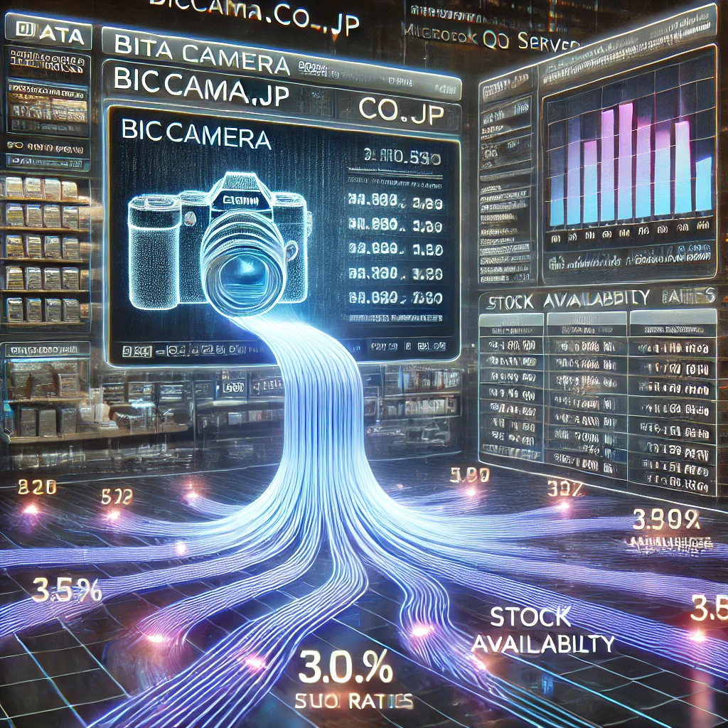 A high tech illustration of data extraction from BicCamera.co .jp using C and Microsoft SQL Server