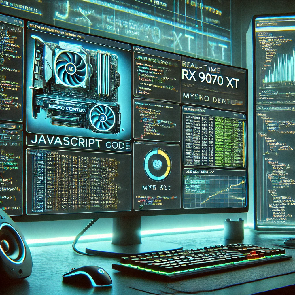 Monitor RX 9070 XT Availability at Micro Center Using JavaScript and MySQL. One screen highlights a real-time stock trac