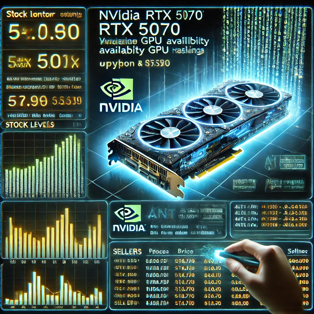 NVIDIA RTX 5070 availability on ANTOnline using Python and MySQL. The glowing interface displays s
