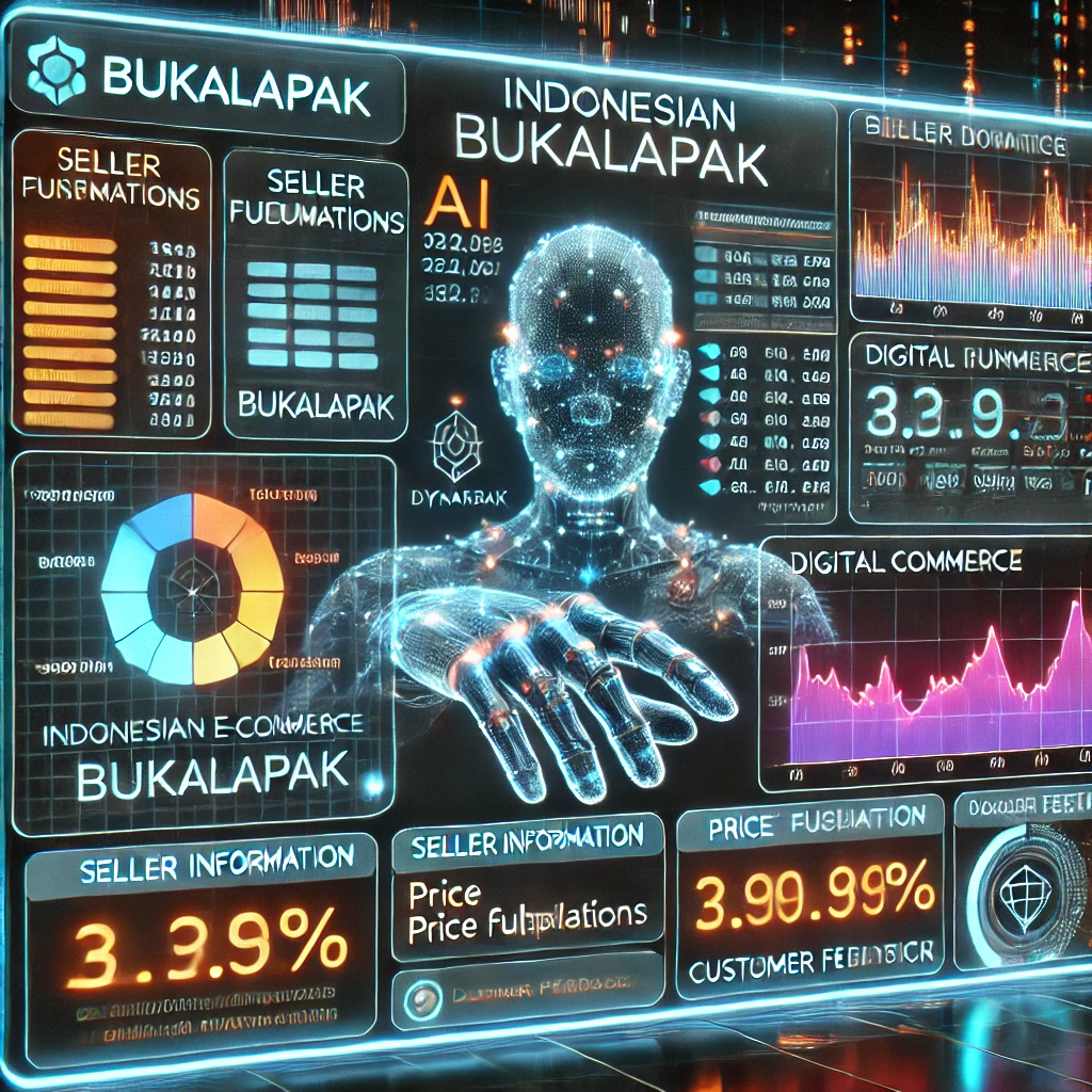 analytics dashboard visualizing Indonesian e commerce trends from Bukalapak using Node.js and DynamoDB. The glowing interface displays se