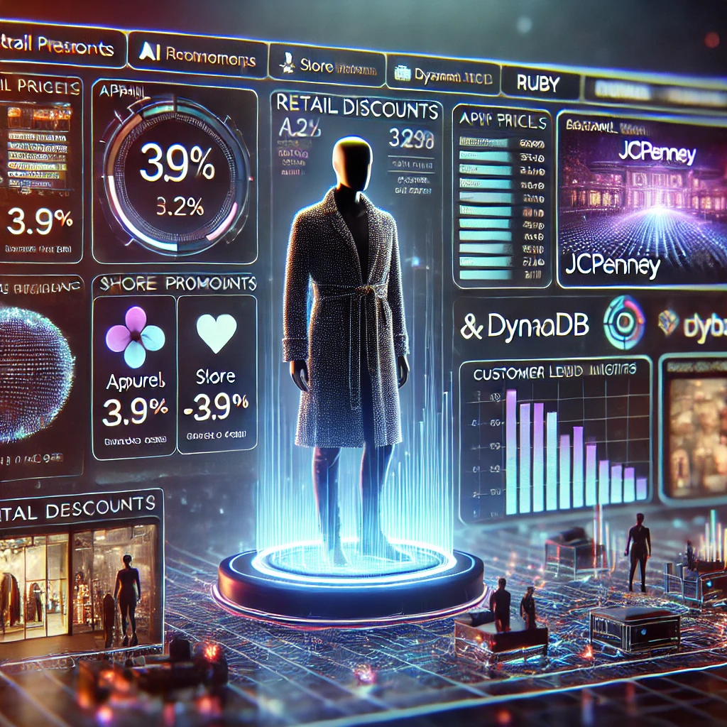 analytics dashboard visualizing retail discount data from JCPenney using Ruby and DynamoDB. The glowing interface displays apparel prices