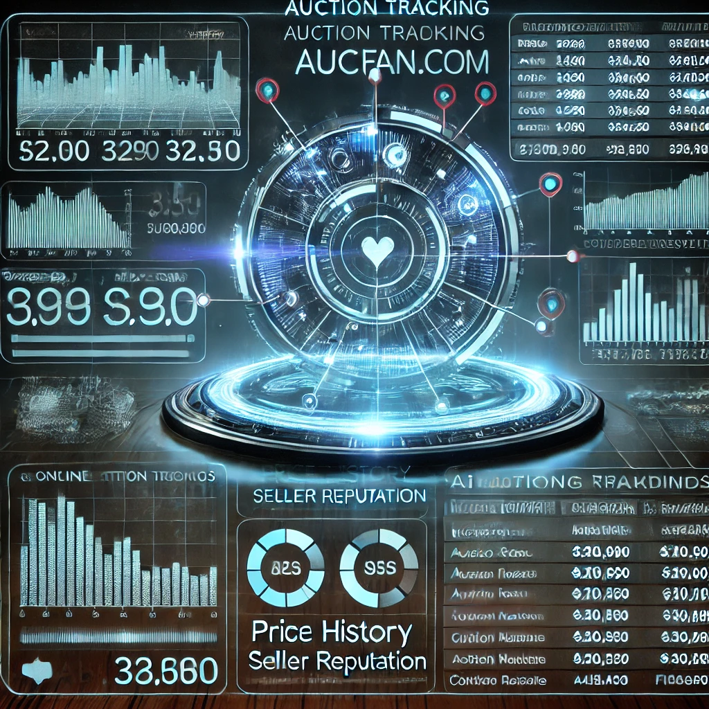 auction tracking dashboard visualizing bidding trends from Aucfan.com using Ruby and Firebase. The glowing interface displays price histo