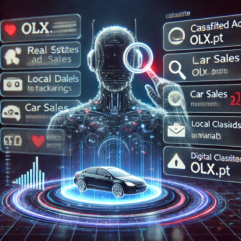 classified ad tracking dashboard visualizing real estate listings from OLX.pt using PHP and MariaDB. The glowing interface displays car s
