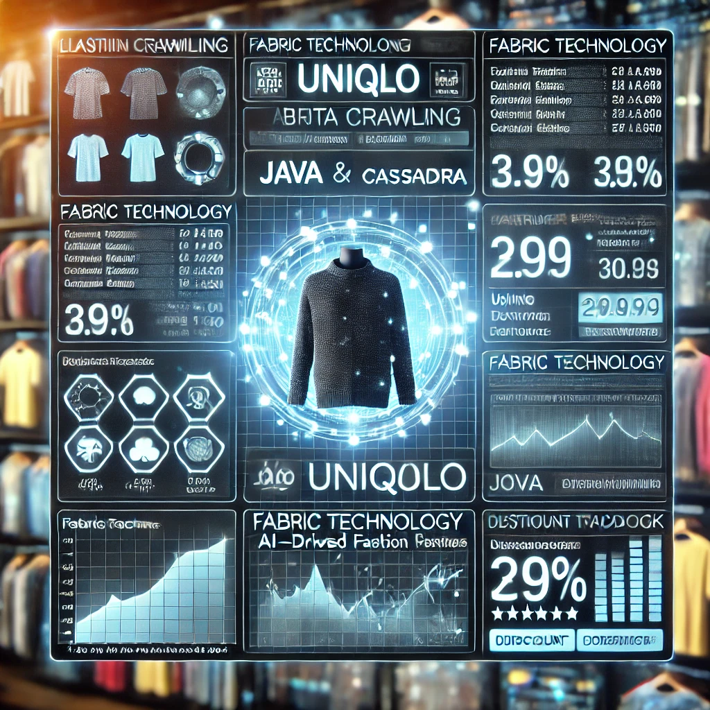 data crawling dashboard visualizing clothing prices from UNIQLO using Java and Cassandra. The glowing interface displays fabric technolog
