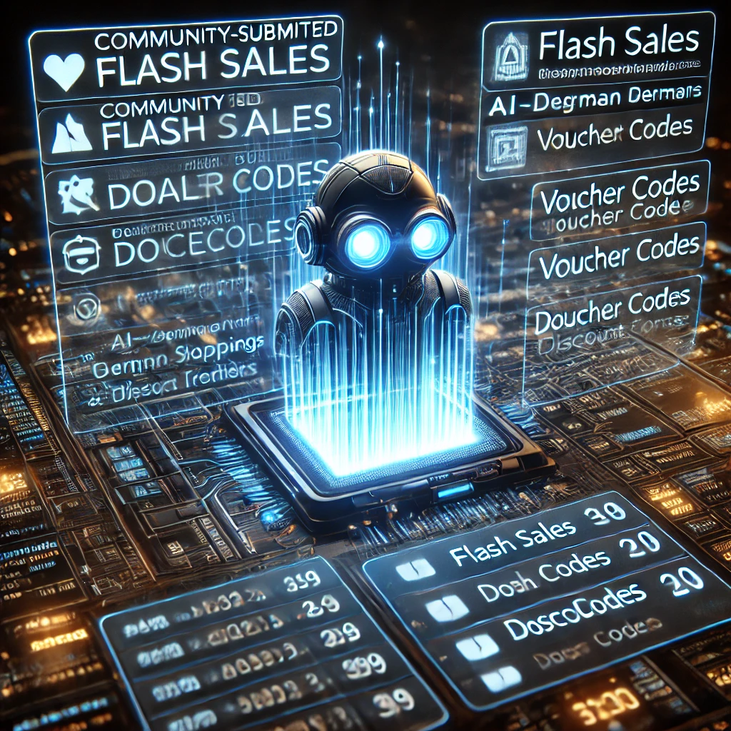 data crawling dashboard visualizing community-submitted deals from MyDealz.de using Ruby and Firebase. The glowing interface displays fla