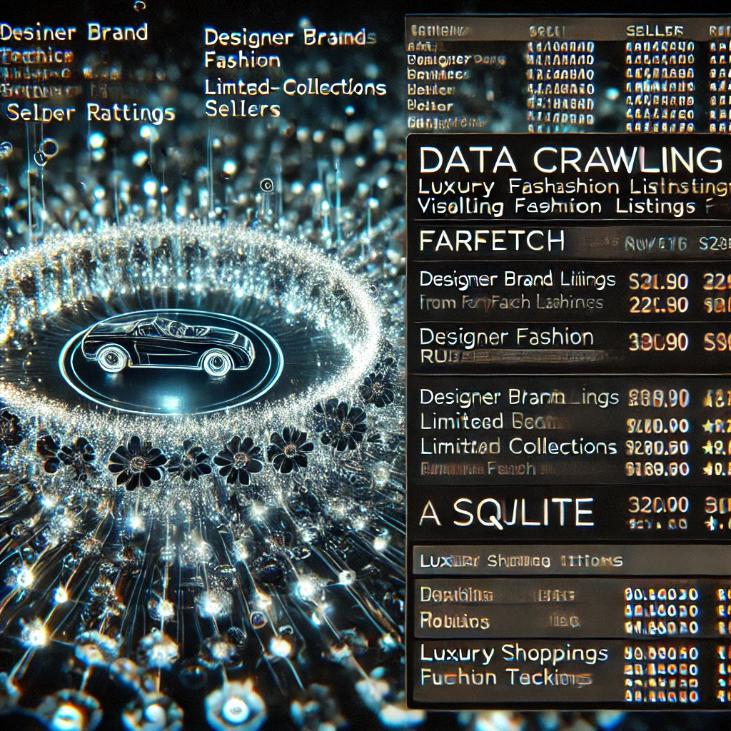 data crawling dashboard visualizing luxury fashion listings from Farfetch using Rust and SQLite. The glowing interface displays designer