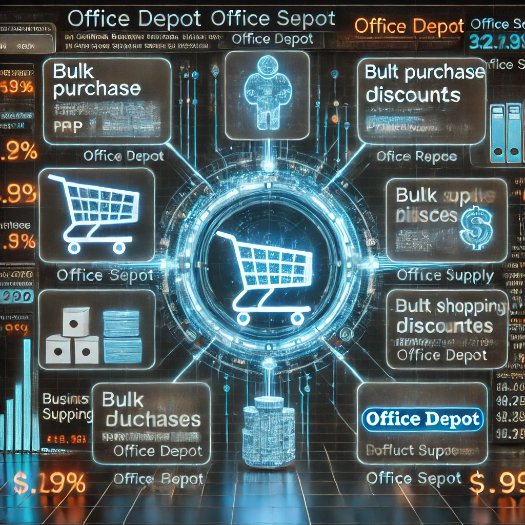 data crawling dashboard visualizing office supply prices from Office Depot using PHP and Firebase. The glowing interface displays bulk pu