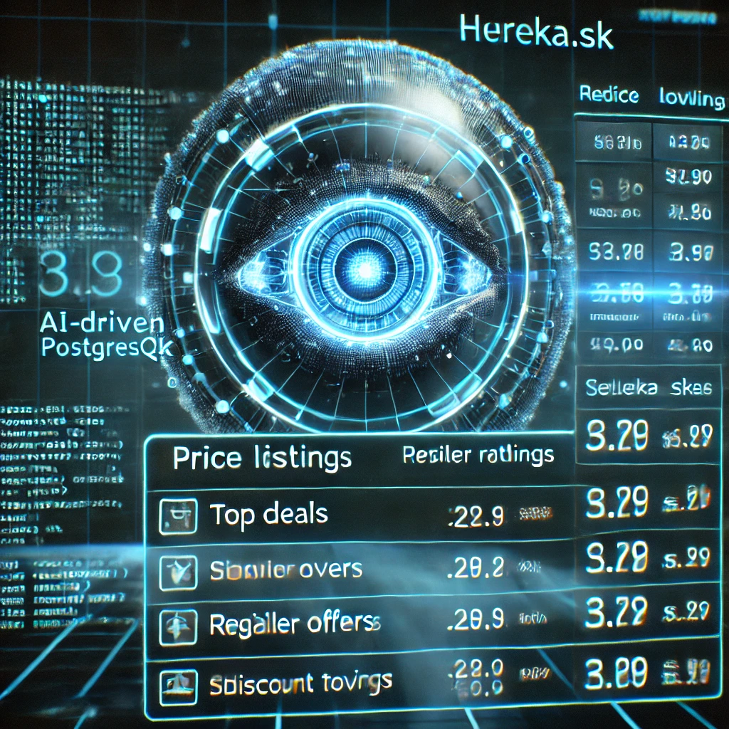 data crawling dashboard visualizing price listings from Heureka.sk using PHP and PostgreSQL. The glowing interface displays top deals re