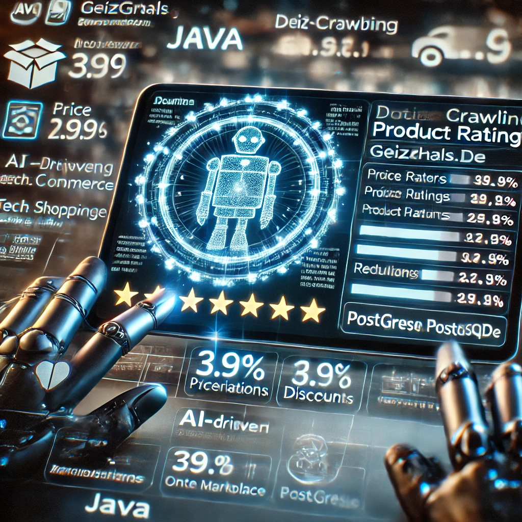 data crawling dashboard visualizing product ratings from Geizhals.de using Java and PostgreSQL. The glowing interface displays price vari