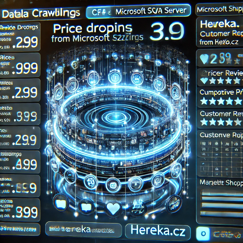 data crawling dashboard visualizing retailer listings from Heureka.cz using C and Microsoft SQL Server. The glowing interface displays p