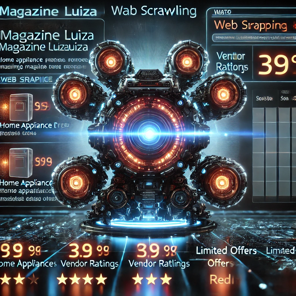 data crawling interface visualizing web scraping from Magazine Luiza using Rust and Redis. The glowing dashboard displays home appliance