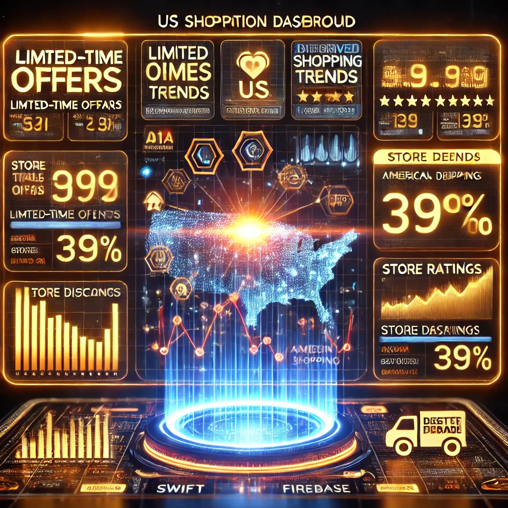 data extraction dashboard visualizing US shopping trends from BestDealsUSA.com using Swift and Firebase. The glowing interface displays l