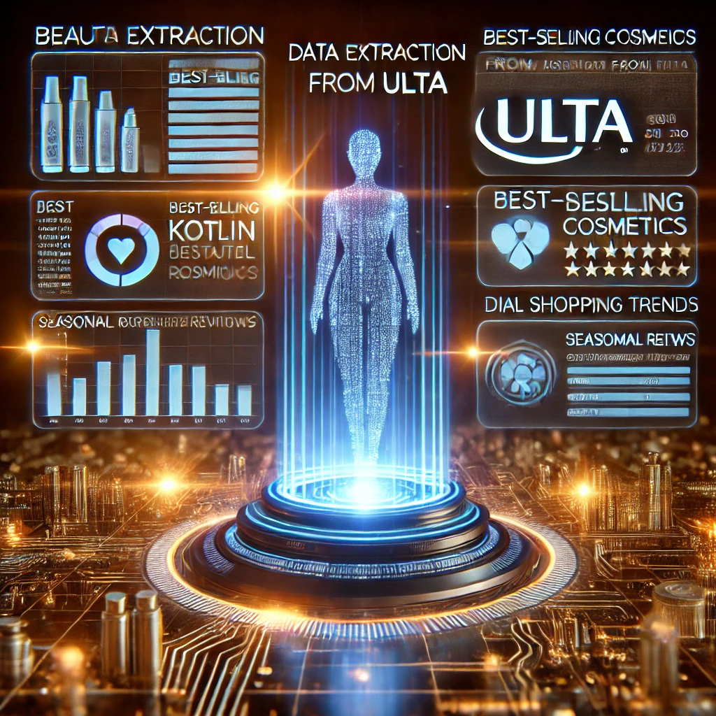 data extraction dashboard visualizing beauty trends from Ulta using Kotlin and Microsoft SQL Server. The glowing interface displays best-