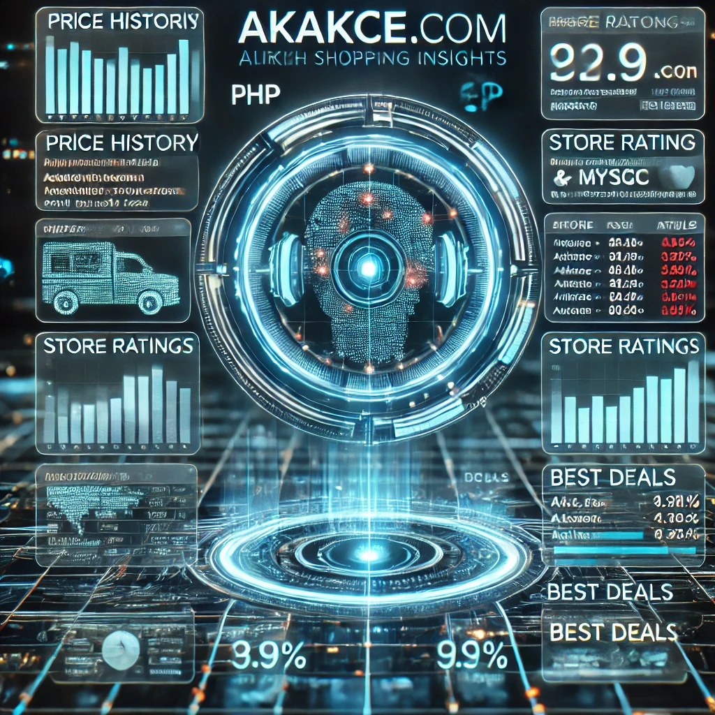data extraction dashboard visualizing e-commerce insights from Akakce.com using PHP and MySQL. The glowing interface displays price histo