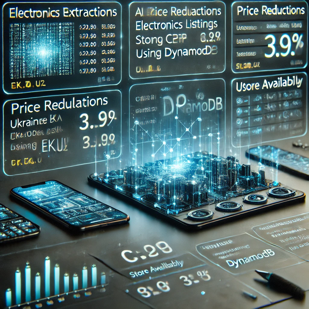 data extraction dashboard visualizing electronics listings from EK.ua using C and DynamoDB. The glowing interface displays price reduct