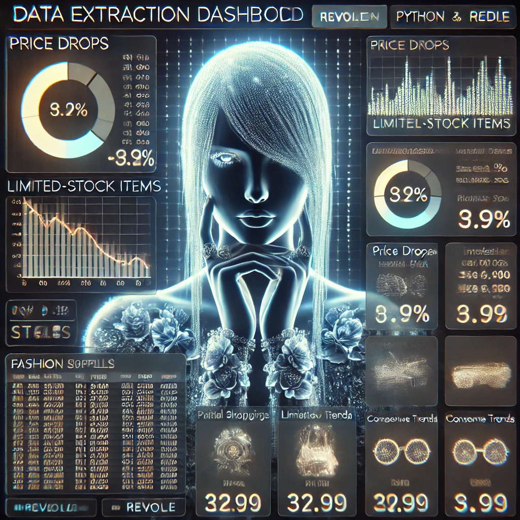 data extraction dashboard visualizing fashion sales from Revolve using Python and Redis. The glowing interface displays price drops, limi