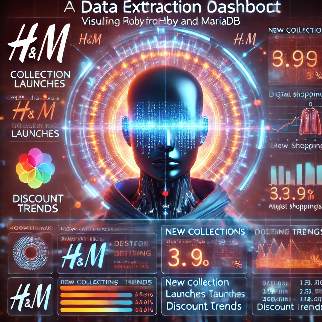 data extraction dashboard visualizing fashion trends from HM using Ruby and MariaDB. The glowing interface displays new collection launc