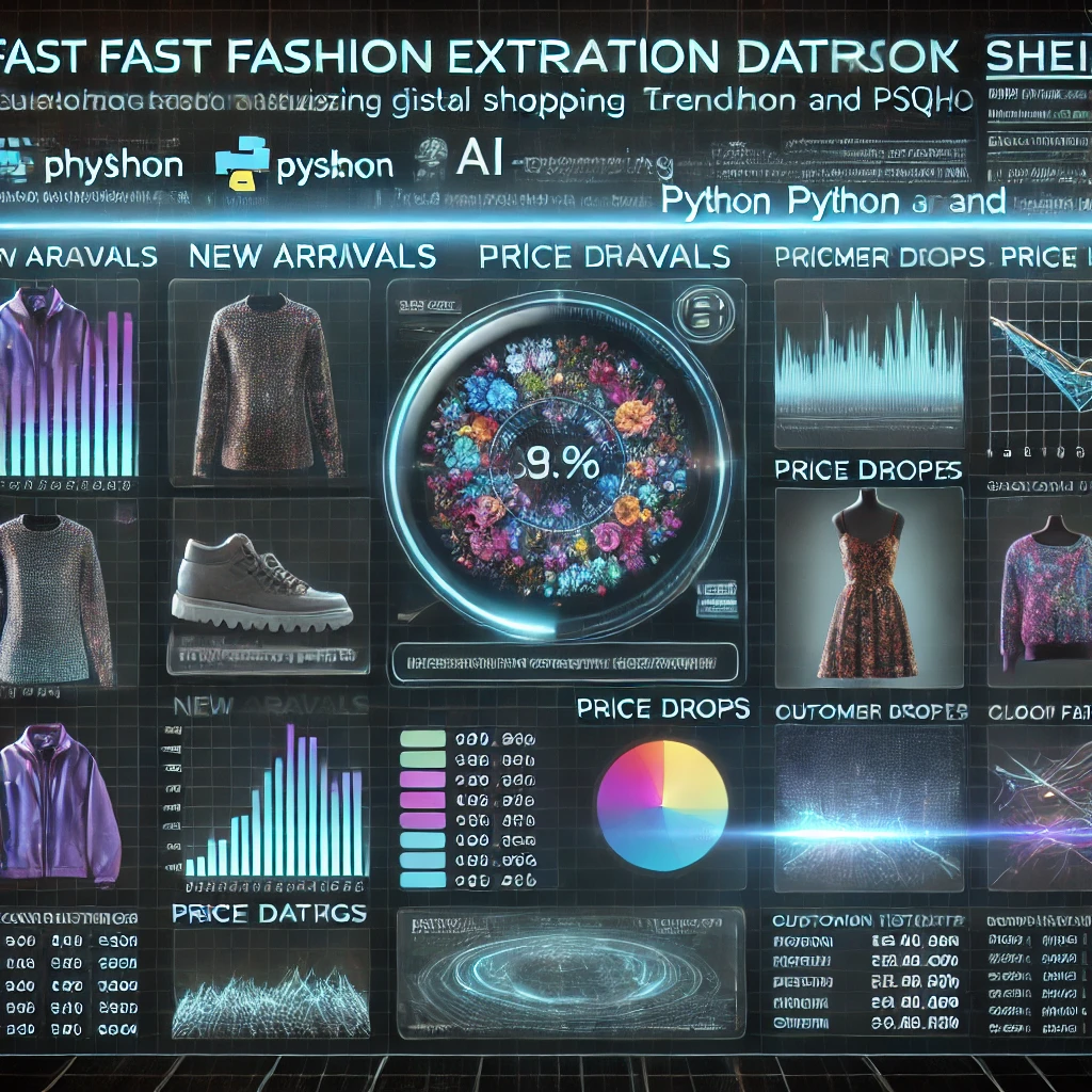data extraction dashboard visualizing fast fashion trends from Shein using Python and MySQL. The glowing interface displays new arrivals
