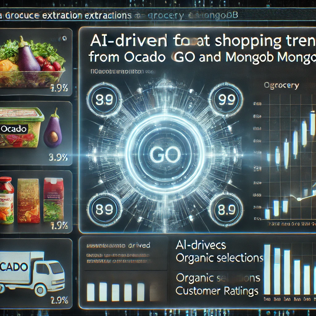 data extraction dashboard visualizing grocery trends from Ocado using Go and MongoDB. The glowing interface displays product prices orga