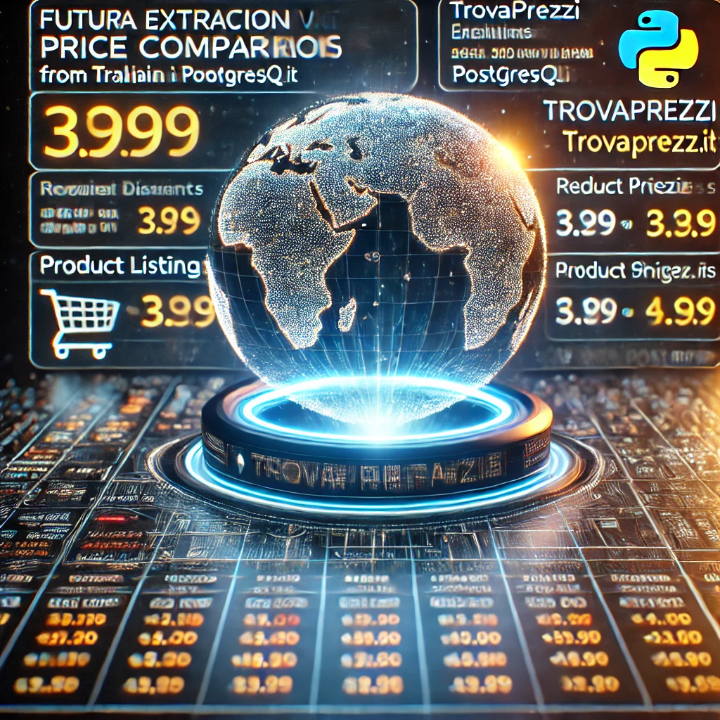data extraction dashboard visualizing price comparisons from Trovaprezzi.it using Python and PostgreSQL. The glowing interface displays r