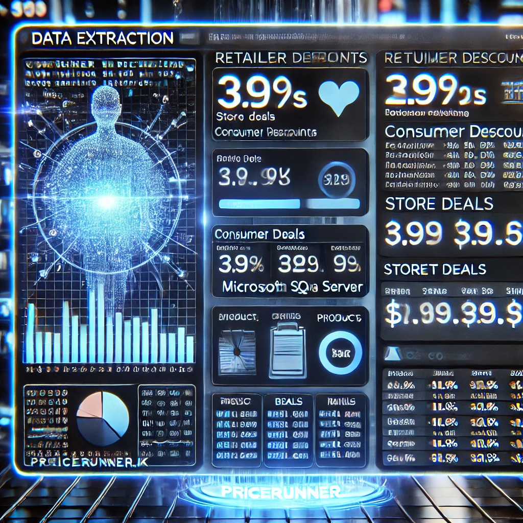 data extraction dashboard visualizing retailer discounts from PriceRunner.dk using Node.js and Microsoft SQL Server. The glowing interfac