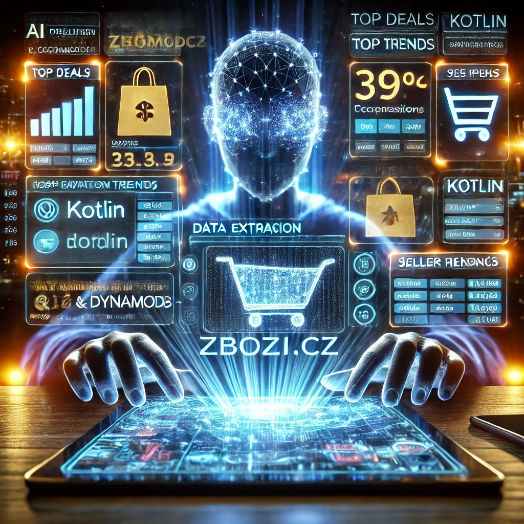 data extraction dashboard visualizing shopping trends from Zbozi.cz using Kotlin and DynamoDB. The glowing interface displays top deals