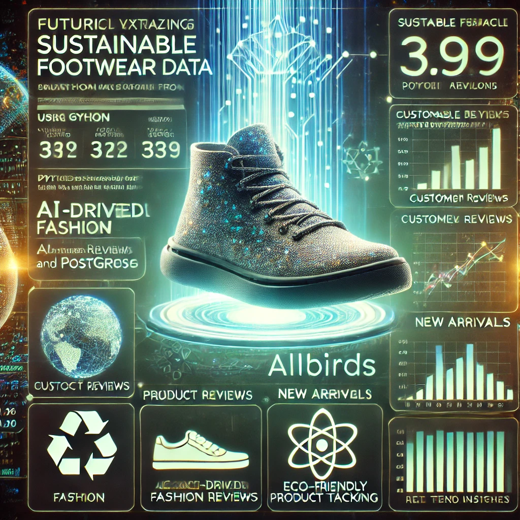 data extraction dashboard visualizing sustainable footwear data from Allbirds using Python and PostgreSQL. The glowing interface displays