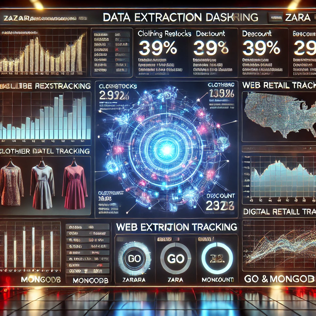 data extraction dashboard visualizing web data tracking from Zara using Go and MongoDB. The glowing interface displays clothing restocks,