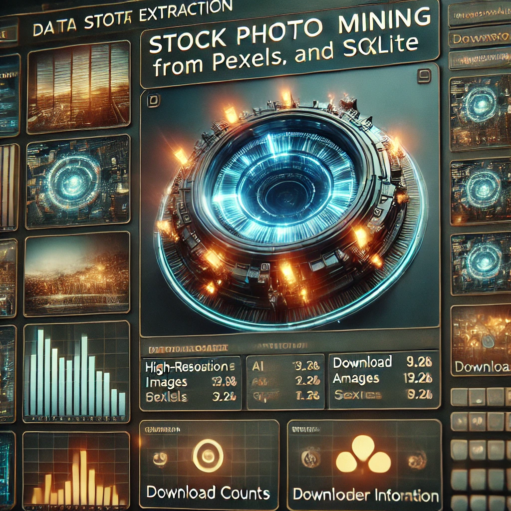 data extraction interface visualizing stock photo mining from Pexels.com using Rust and SQLite. The glowing dashboard showcases high reso
