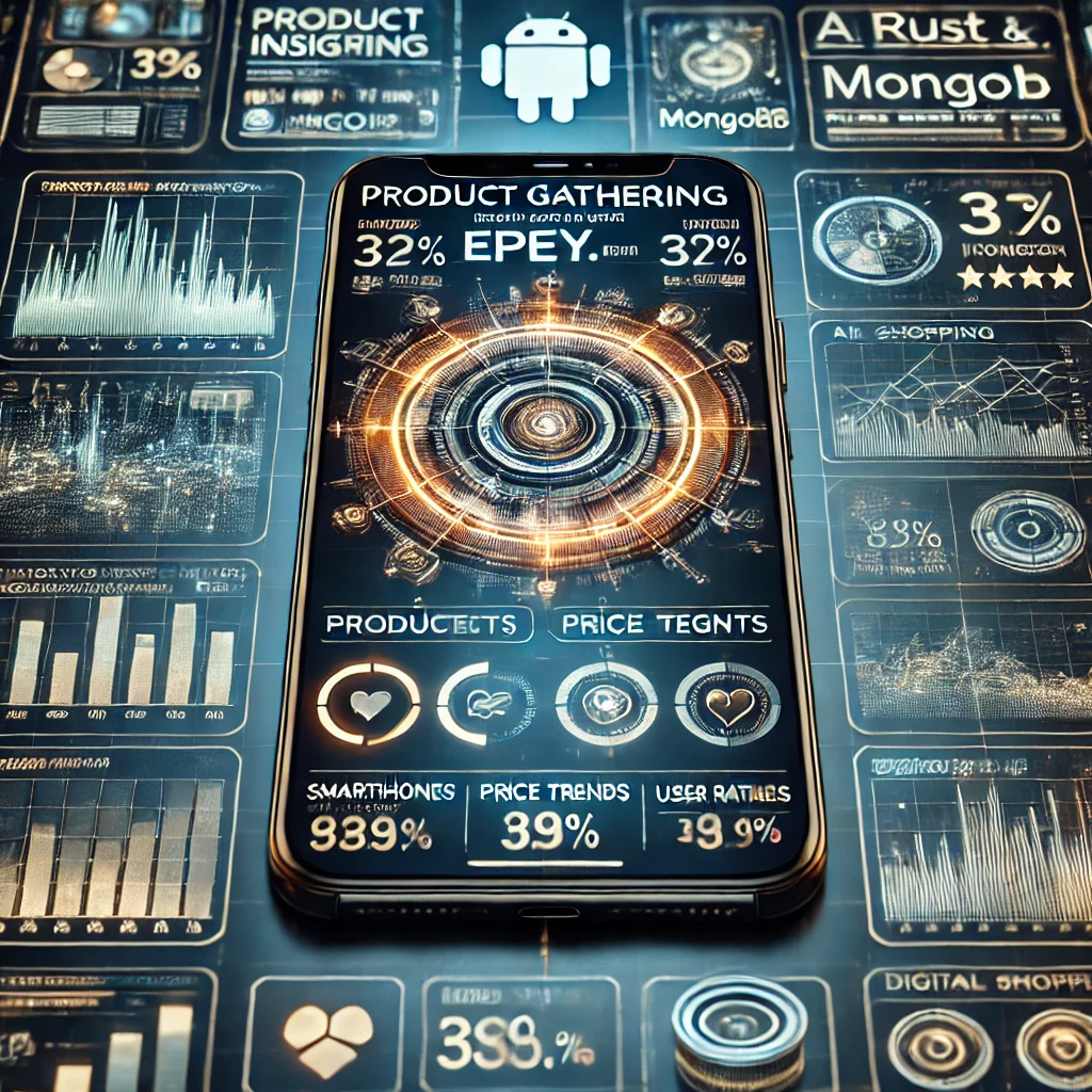 data gathering dashboard visualizing product insights from Epey.com using Rust and MongoDB. The glowing interface displays smartphone spe