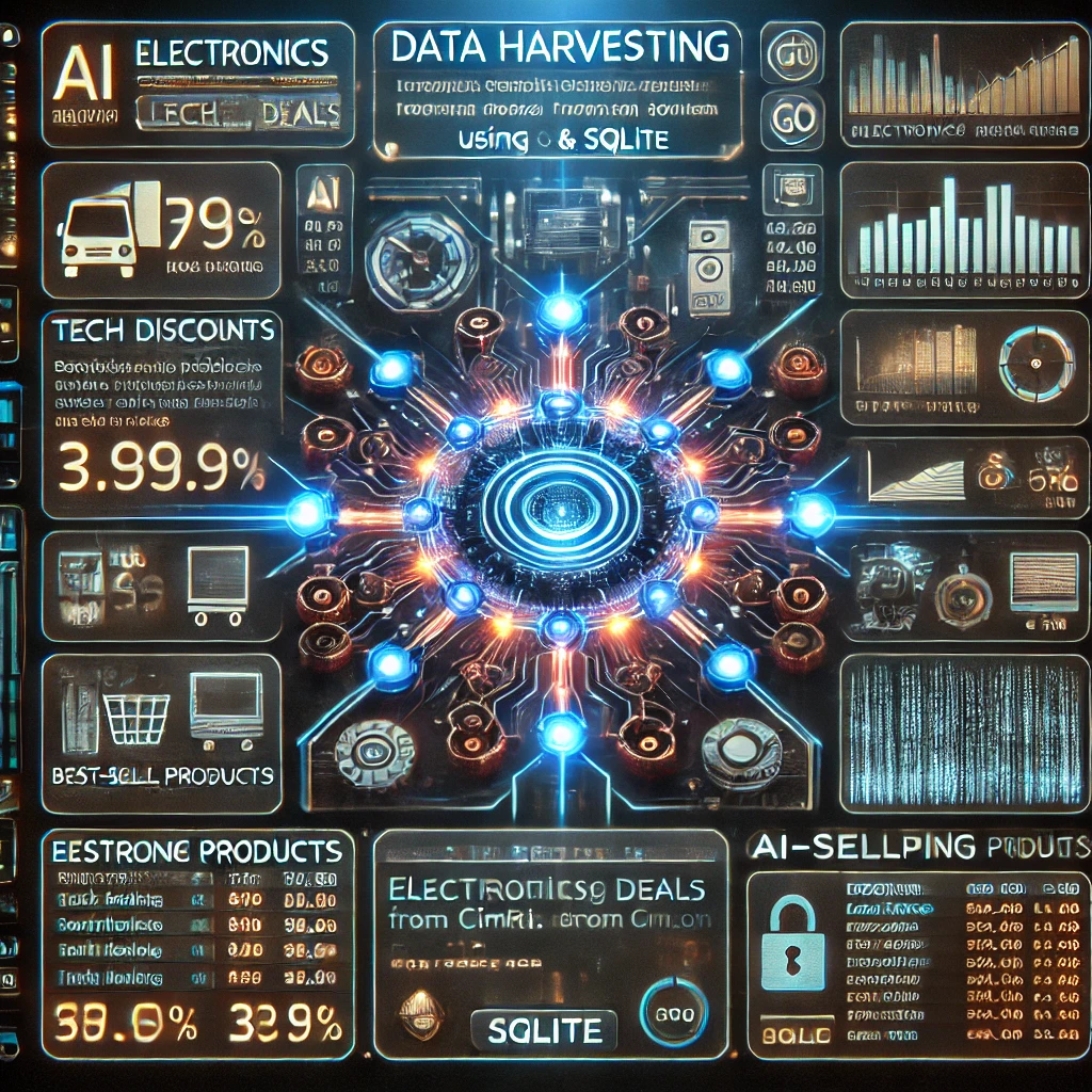 data harvesting dashboard visualizing electronics deals from Cimri.com using Go and SQLite. The glowing interface displays tech discounts