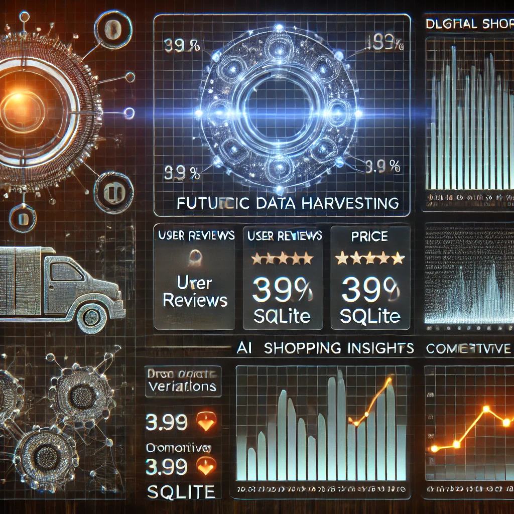 data harvesting dashboard visualizing product data from Ceneo.pl using Rust and SQLite. The glowing interface displays user reviews, pric