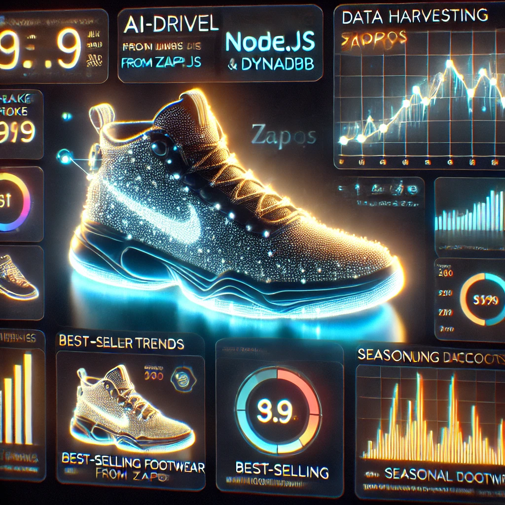 data harvesting dashboard visualizing shoe prices from Zappos using Node.js and DynamoDB. The glowing interface displays sneaker trends,