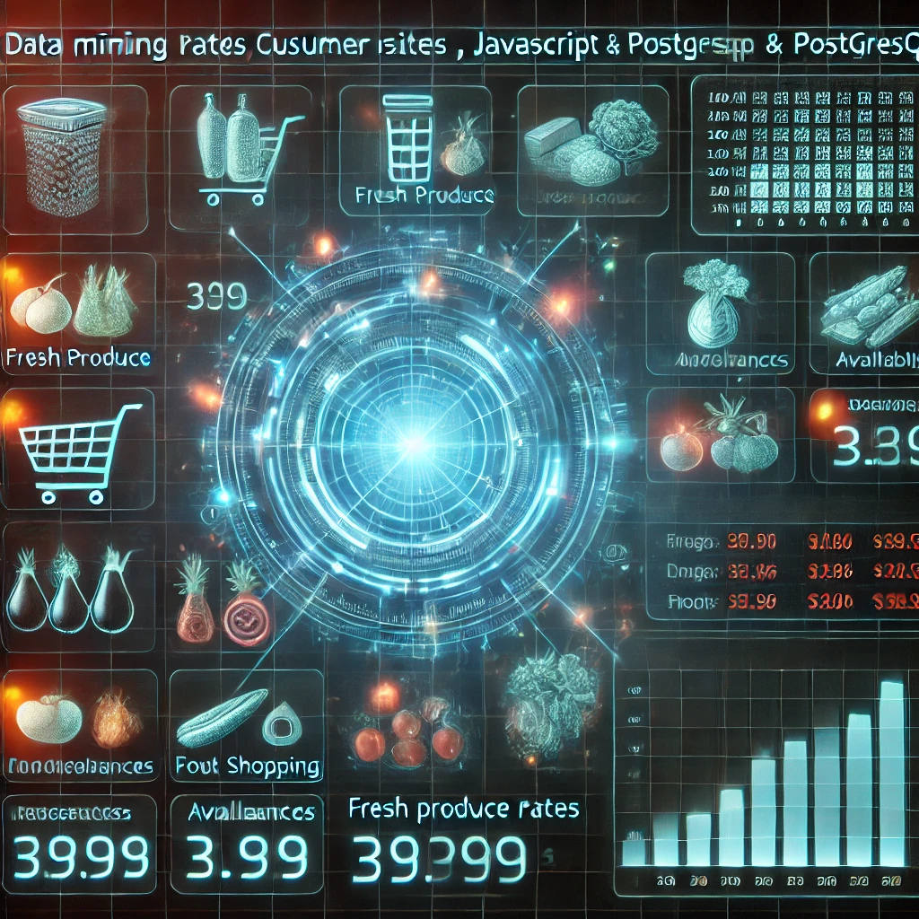 data mining dashboard visualizing grocery prices from BigBasket using JavaScript and PostgreSQL. The glowing interface displays fresh pro
