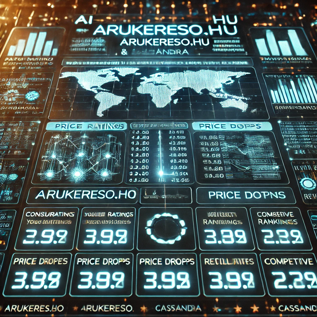 data mining dashboard visualizing price data from Arukereso.hu using Python and Cassandra. The glowing interface displays consumer rating