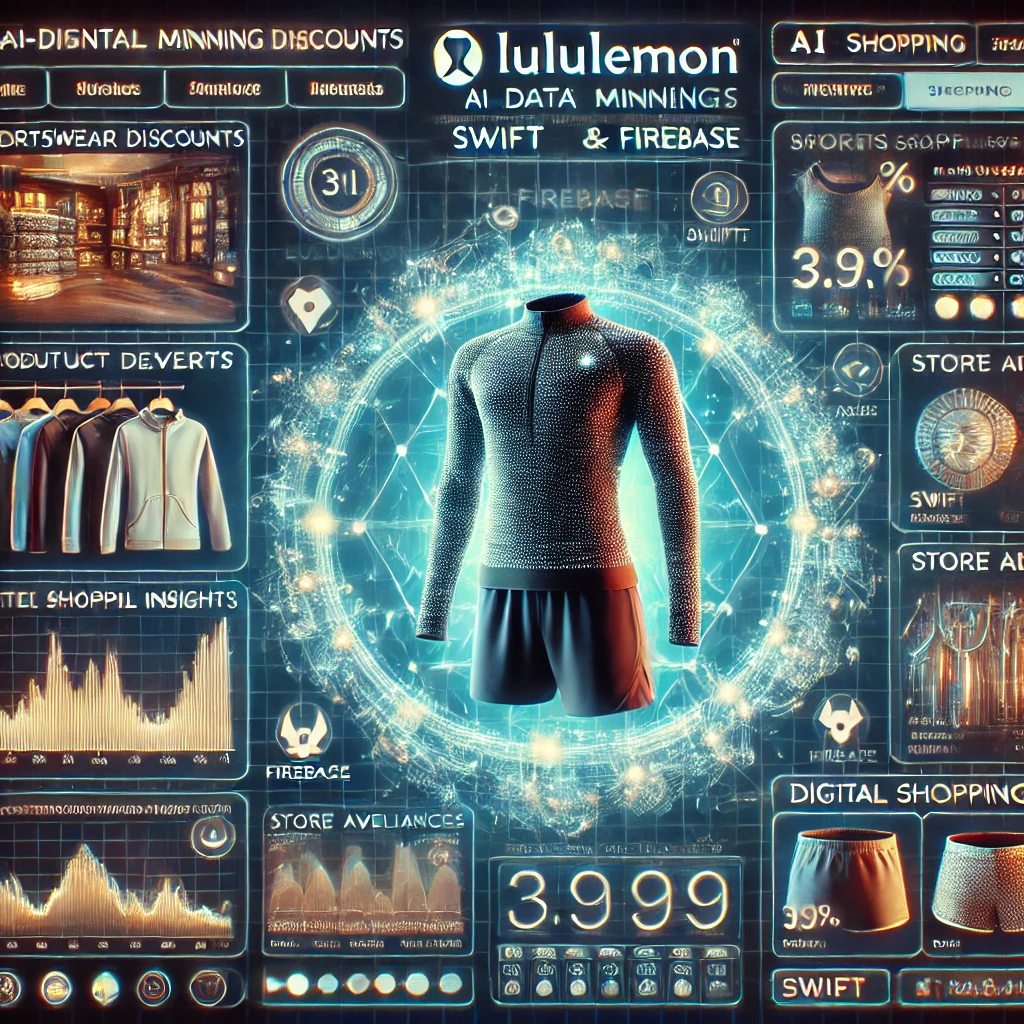 data mining dashboard visualizing sportswear discounts from Lululemon using Swift and Firebase. The glowing interface displays product re