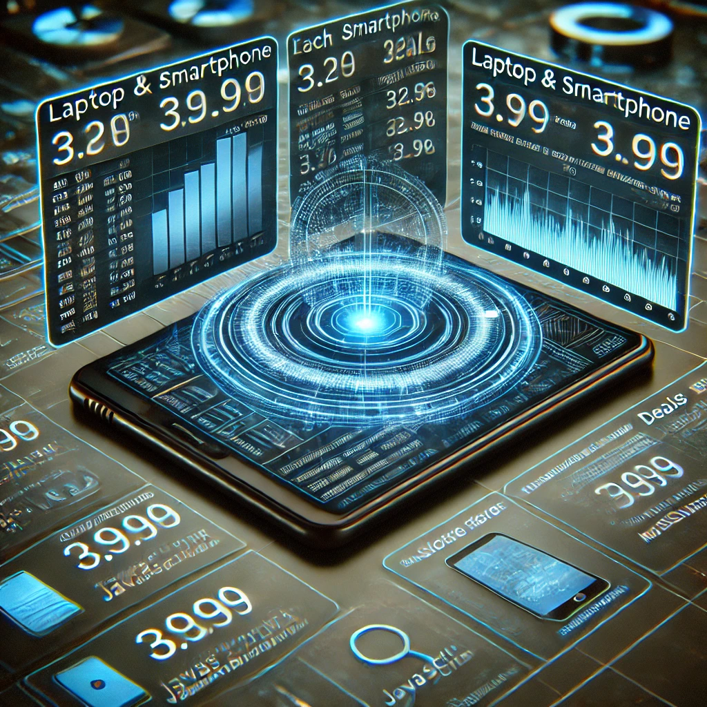 data mining dashboard visualizing tech prices from Skapiec.pl using JavaScript and MySQL. The glowing interface displays laptop and smart