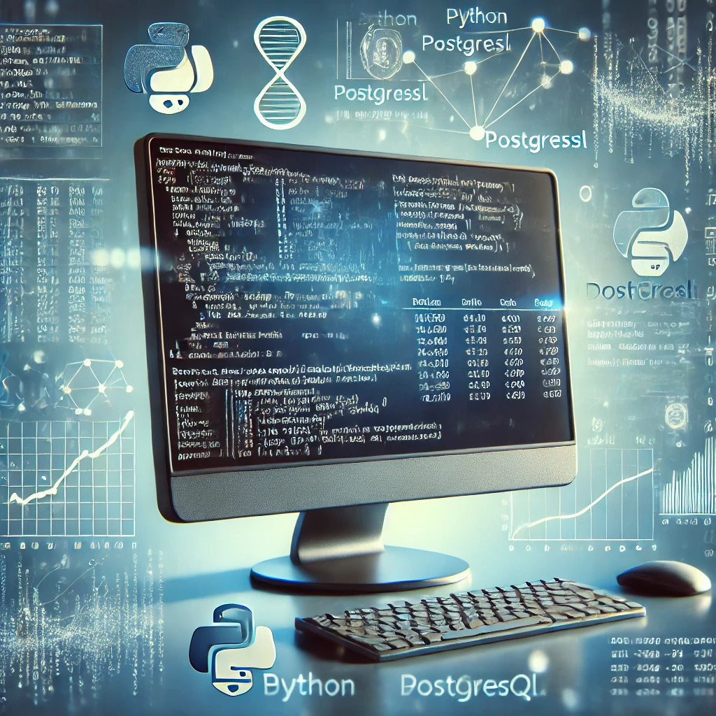 data mining from Kakaku.com using Python and PostgreSQL. The image features a computer screen display