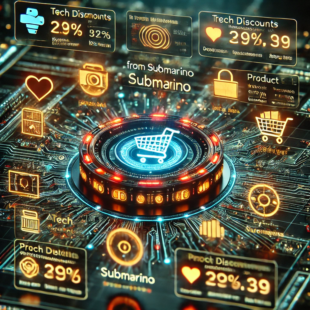 data mining interface visualizing e commerce deals from Submarino using Python and Firebase. The glowing dashboard displays tech discount